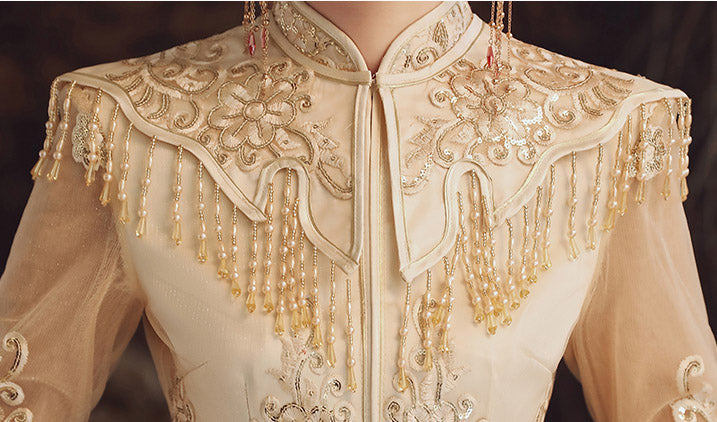 Summer Champaign Wedding Qun Kwa with Detachable Shawl