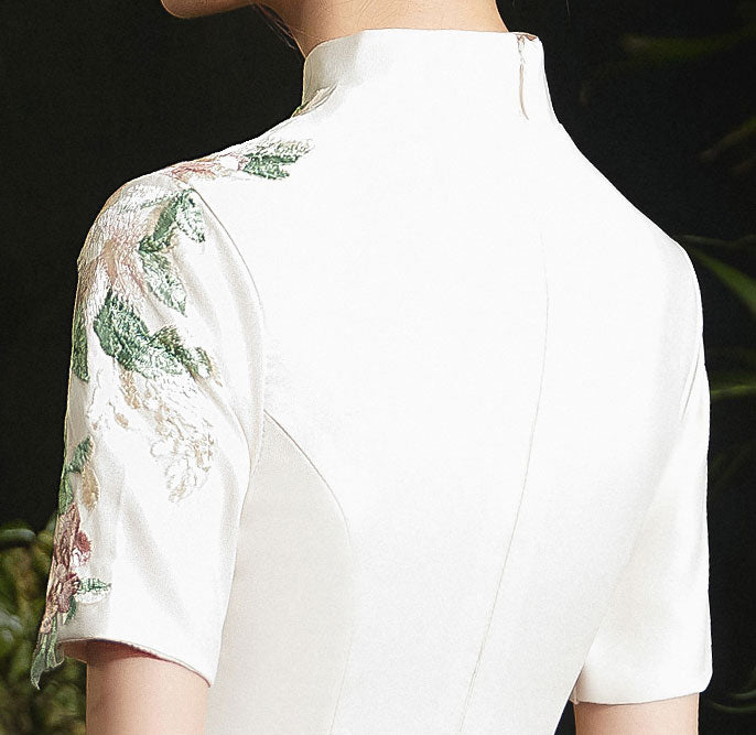 Embroidered Fishtail Tea-Length Qi Pao Cheongsam Prom Dress
