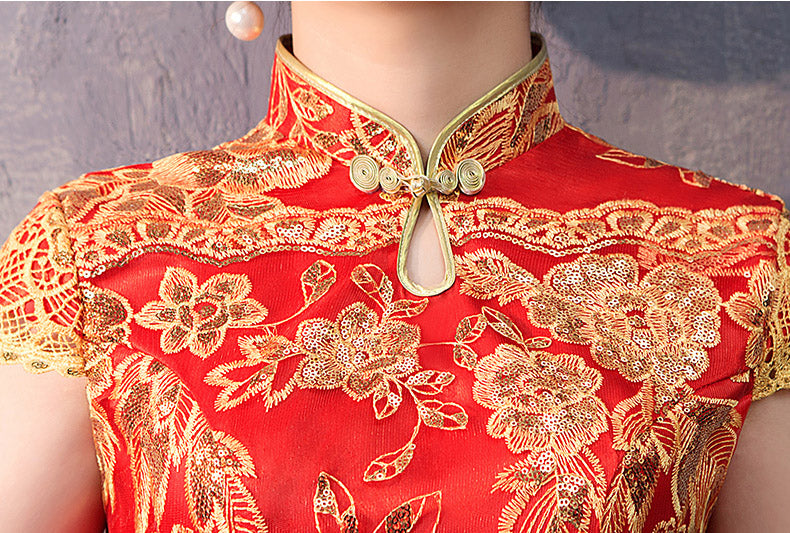 Red Blue Sequins Traditional Qipao Cheongsam Wedding Dress