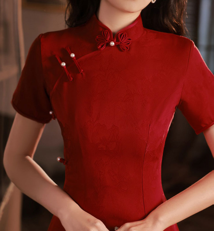 Red Jacquard Mid Wedding Cheongsam Qipao Dress