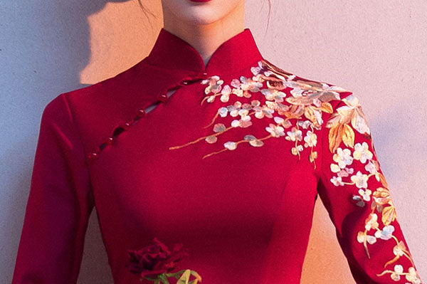 Embroidered Fishtail Tea-Length Qi Pao Cheongsam Prom Dress