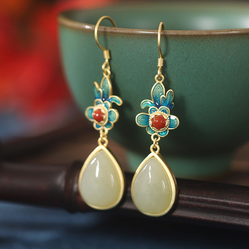 Vintage Silver Agate Jade Drop Dangle Earrings