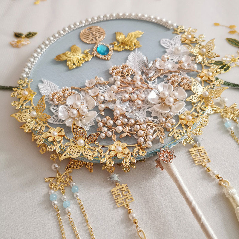 Blue Vintage Pearl Floral Tassels Bride Hand Held Fans