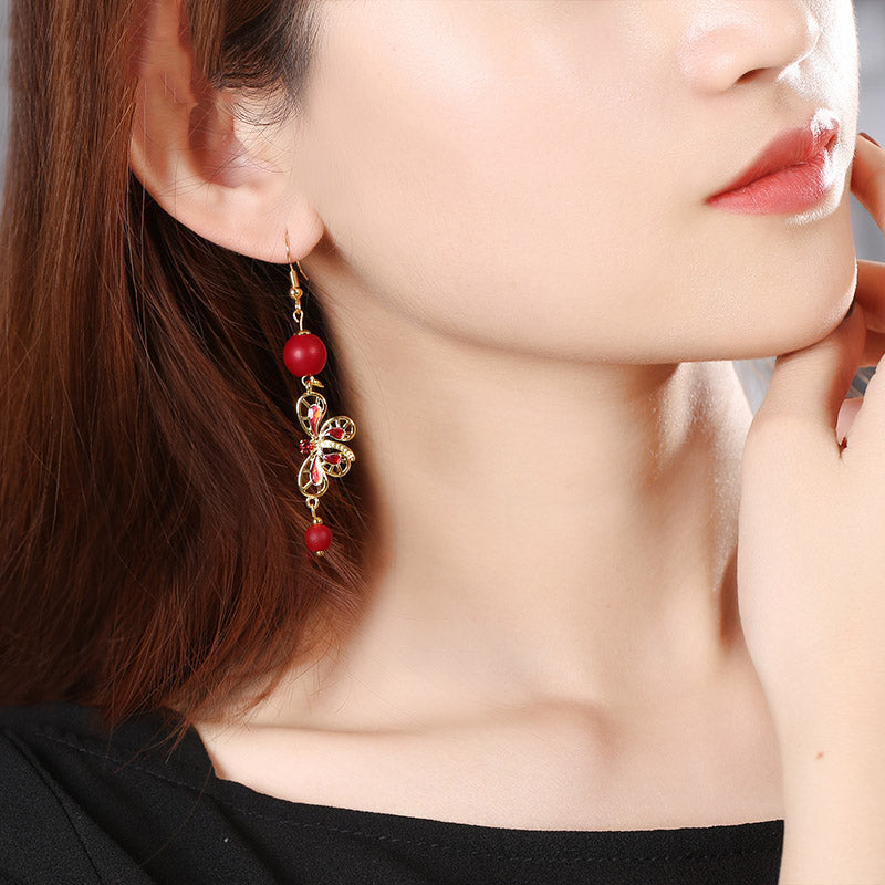 Red Glazed Stone Drop Dangle Clip On Earrings
