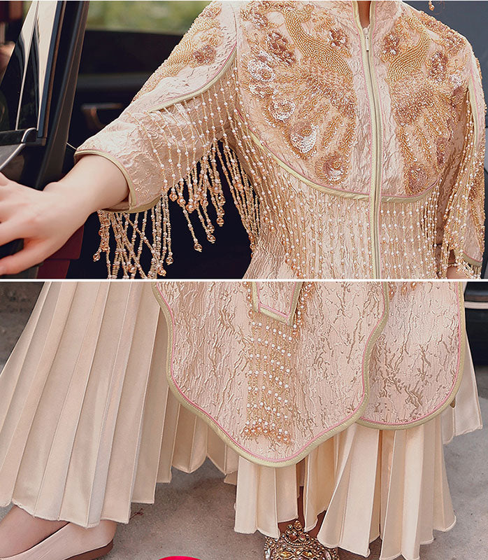 2021 Champagne Sequined Wedding Qun Gua & Pleated Skirt