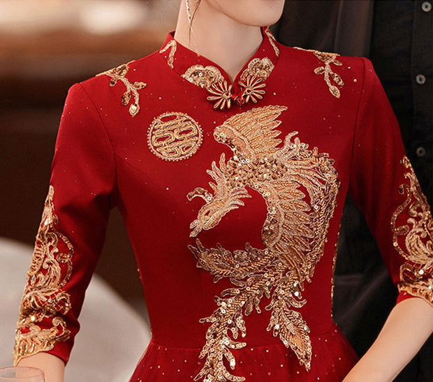 Burgundy A-Line Phoenix Wedding Qi Pao Cheongsam Dress