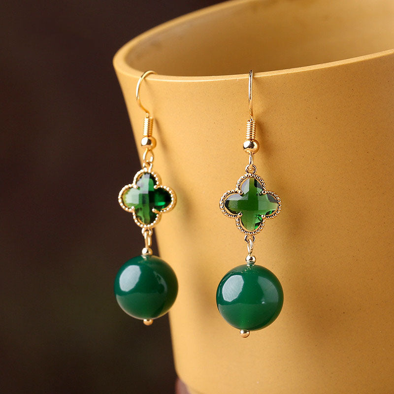 Green Jade Crystal Drop Dangle Clip On Earrings