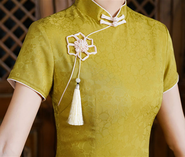 Yellow Jacquard Floral Midi Qi Pao Cheongsam Dress
