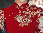 Burgundy Appliques Thigh Split Wedding Qipao Cheongsam Dress