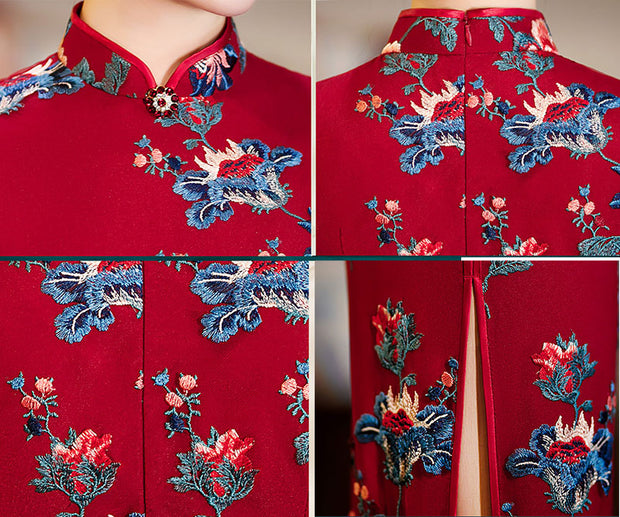 Red Embroidered Lace Mid Qi Pao Cheongsam Dress