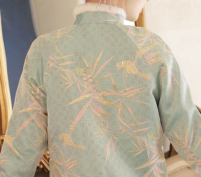 Blue Beige Fur Trim Jacquard Women Cheongsam Tang Coat