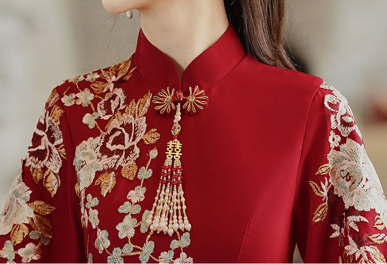 Embroidered A-Line Midi Qi Pao Cheongsam Wedding Dress