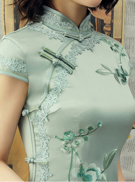 Pink Green Embroidered Midi Qipao / Wedding Cheongsam Dress