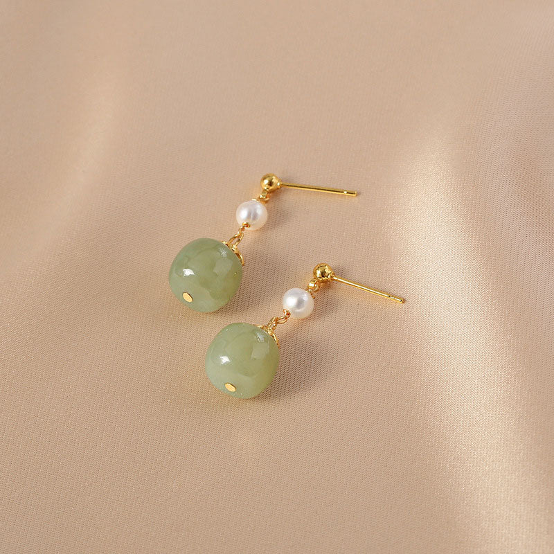 Green Jade Pearl Drop Dangle Earrings