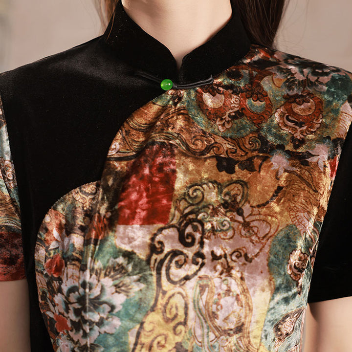 Color-block Floral Velvet Mid Cheongsam Qi Pao Dress