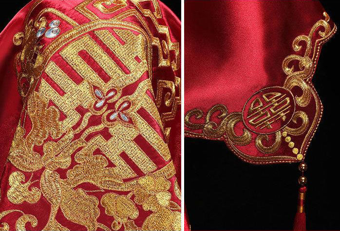 Red Vintage Embroidered Floral Chinese Wedding Bride Veil