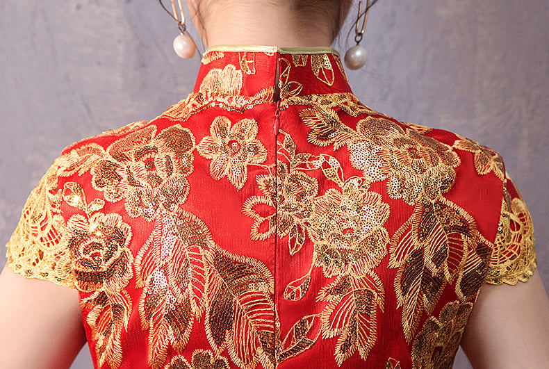 Red Blue Sequins Traditional Qipao Cheongsam Wedding Dress