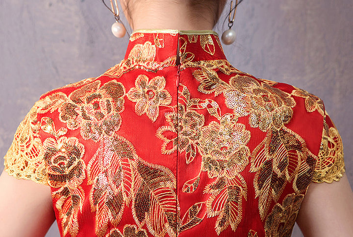 Red Blue Sequins Traditional Qipao Cheongsam Wedding Dress