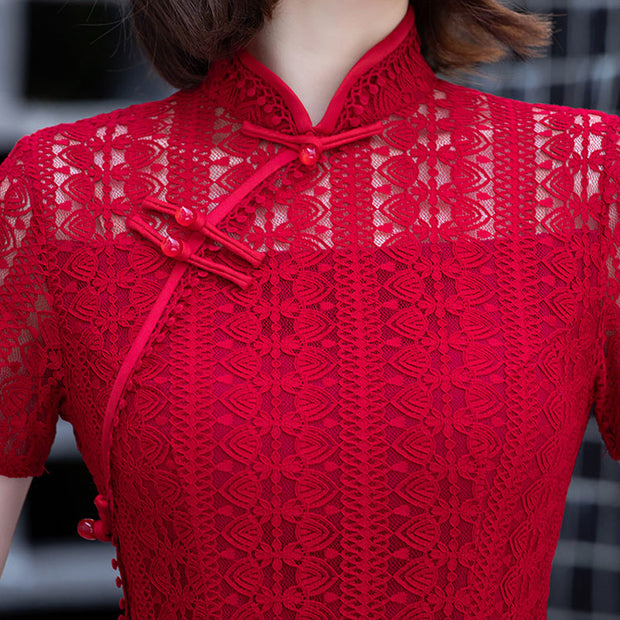 2021 Red Lace Illusion Modern Qi Pao Cheongsam Dress