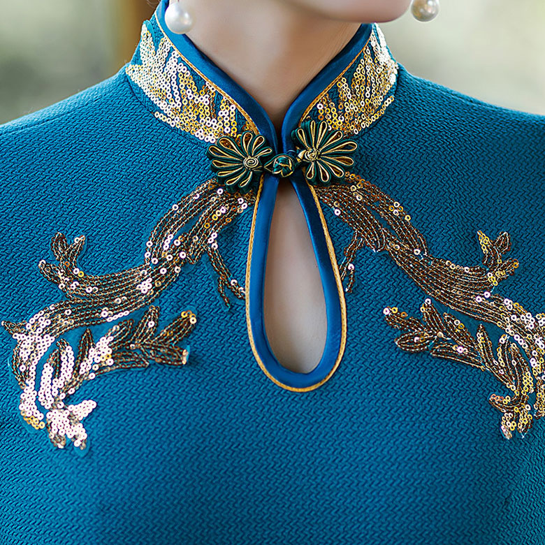 Blue Purple Sequined Maxi Cheongsam Qi Pao Dress