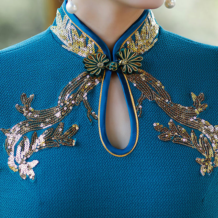 Blue Purple Sequined Maxi Cheongsam Qi Pao Dress
