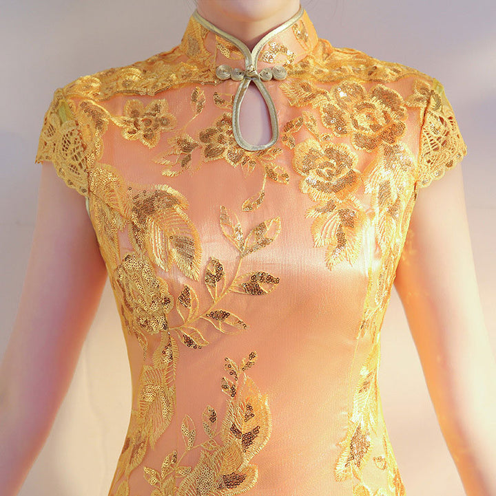 Gold Pink Long Cheongsam Qi Pao Prom Dress - IMALLURE S Gold Pink Long Cheongsam Qi Pao Prom Dress - IMALLURE S