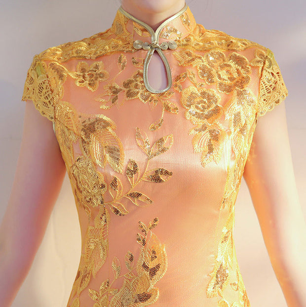 Gold Pink Long Cheongsam Qi Pao Prom Dress