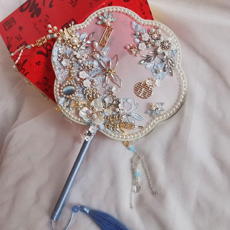 Chinese Vintage Pearl Floral Bride Hand Held Fans