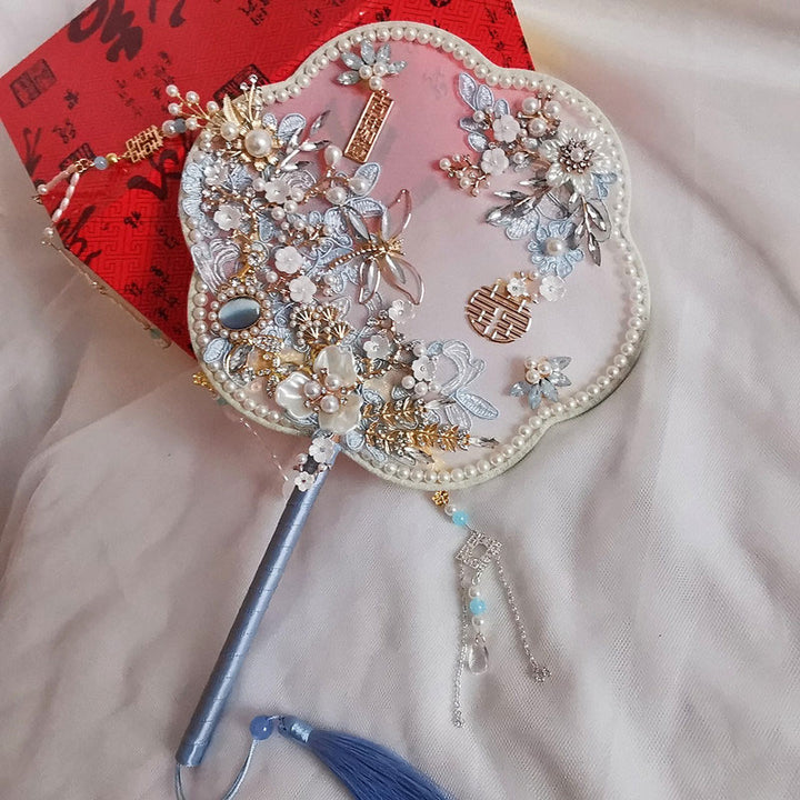 Chinese Vintage Pearl Floral Bride Hand Held Fans