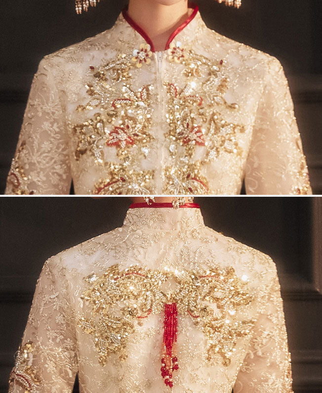 Champagne Sequined Wedding Bride Xiu He Qun Gua