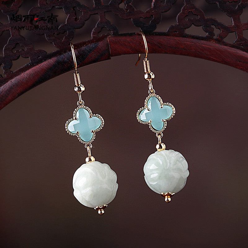 Blue Jade Crystal Drop Dangle Clip On Earrings