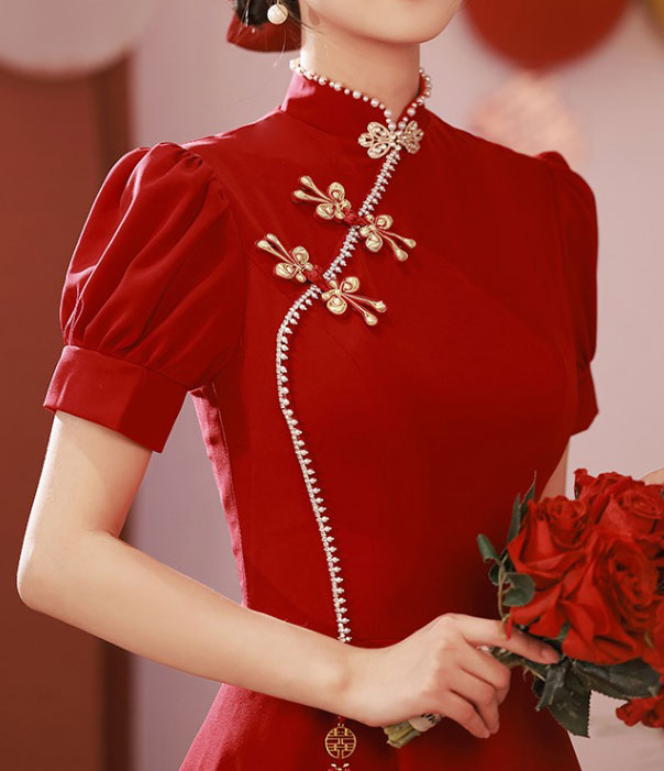 Burgundy A-Line Puff Sleeve Wedding Cheongsam Qi Pao Dress