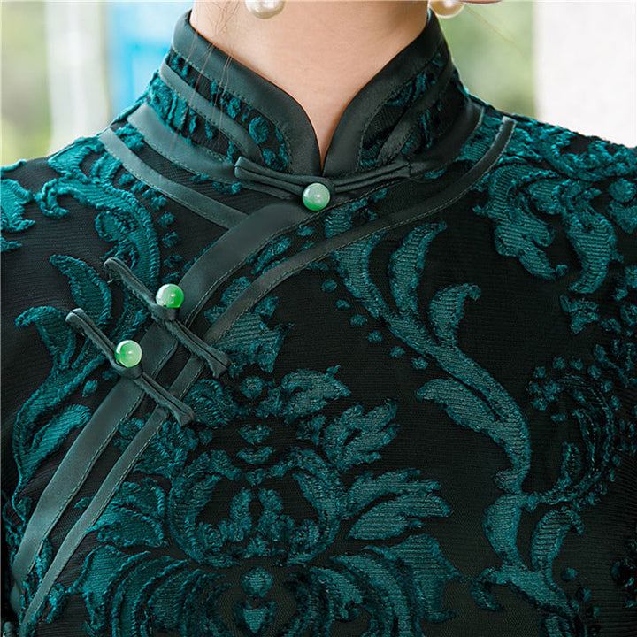Mother's Red Blue Floral Velvet Qi Pao Cheongsam Dress