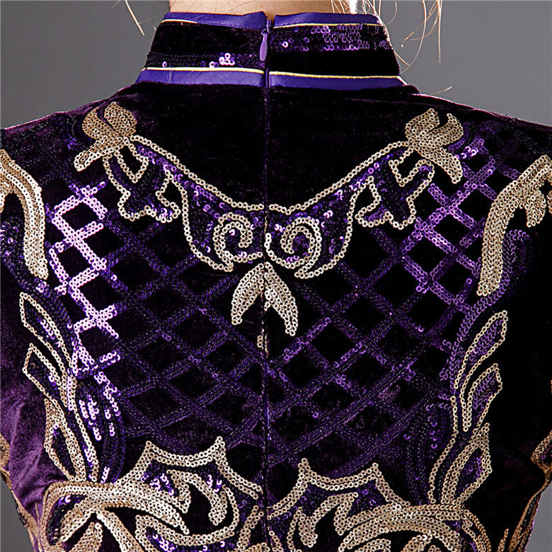 Purple Red Sequined Velvet Full Qi Pao Cheongsam Dress
