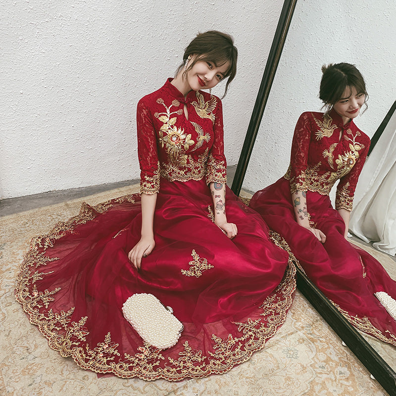 Burgundy Floor Tulle Wedding Cheongsam Qi Pao Dress