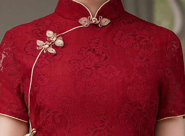 2021 Burgundy Lace Modern Qi Pao Cheongsam Wedding Dress