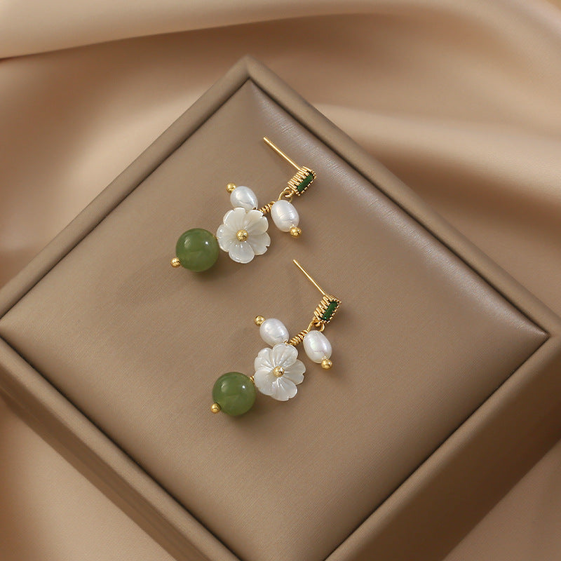 Silver Jade Pearl Dangle Drop Earrings