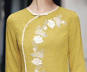 Yellow Green Embroidered A-Line Cheongsam Qi Pao Dress