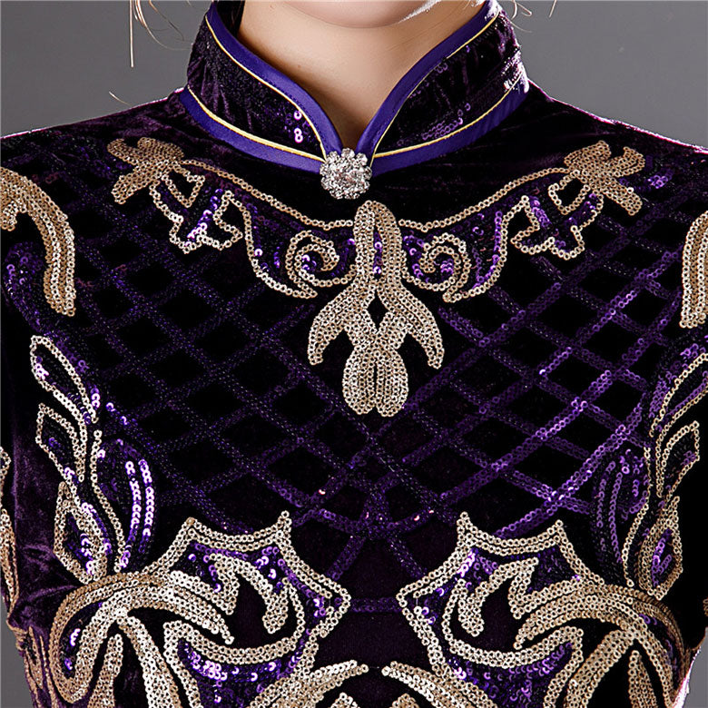 Purple Red Sequined Velvet Full Qi Pao Cheongsam Dress
