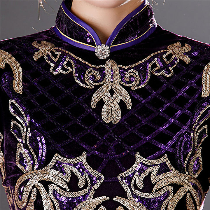Purple Red Sequined Velvet Full Qi Pao Cheongsam Dress