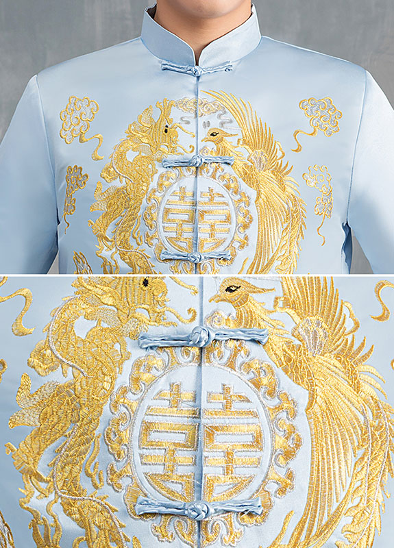 Blue Embroidered Dragon Phoenix Man Wedding Qun Gua