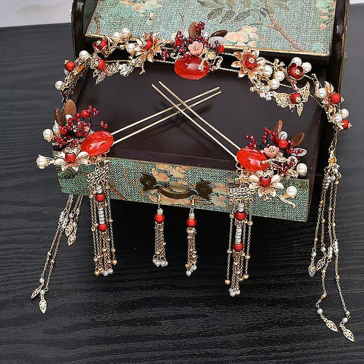 3-Piece Glod Tone Floral Hair Combs Earring