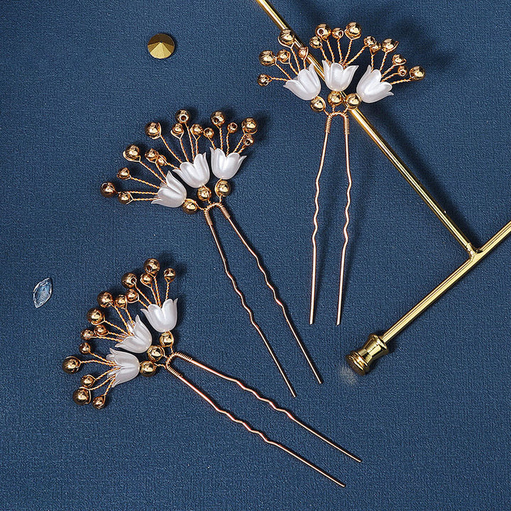 3 Pieces Beads White Flower Bride Wedding Hair Pins