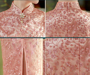 Pink Floral Lace Mid Qi Pao Cheongsam Dress