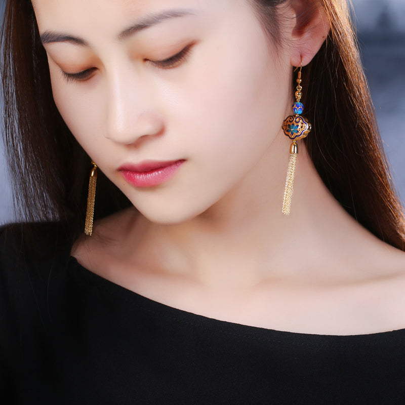 Cloisonne Tassel Drop Dangle Clip On Pierced Earrings