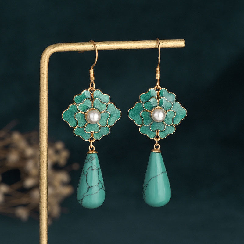 Vintage Green Enamel Flower Drop Dangle Earrings