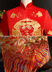 Red Embroidered Men's Dragon Wedding Suit, Jacket & Skirt