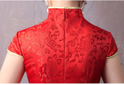 Red Floral Brocade Long Qipao / Cheongsam Wedding Dress