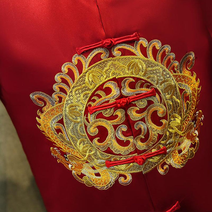 Wine Red Embroidered Dragon Men Wedding Suit Jacket