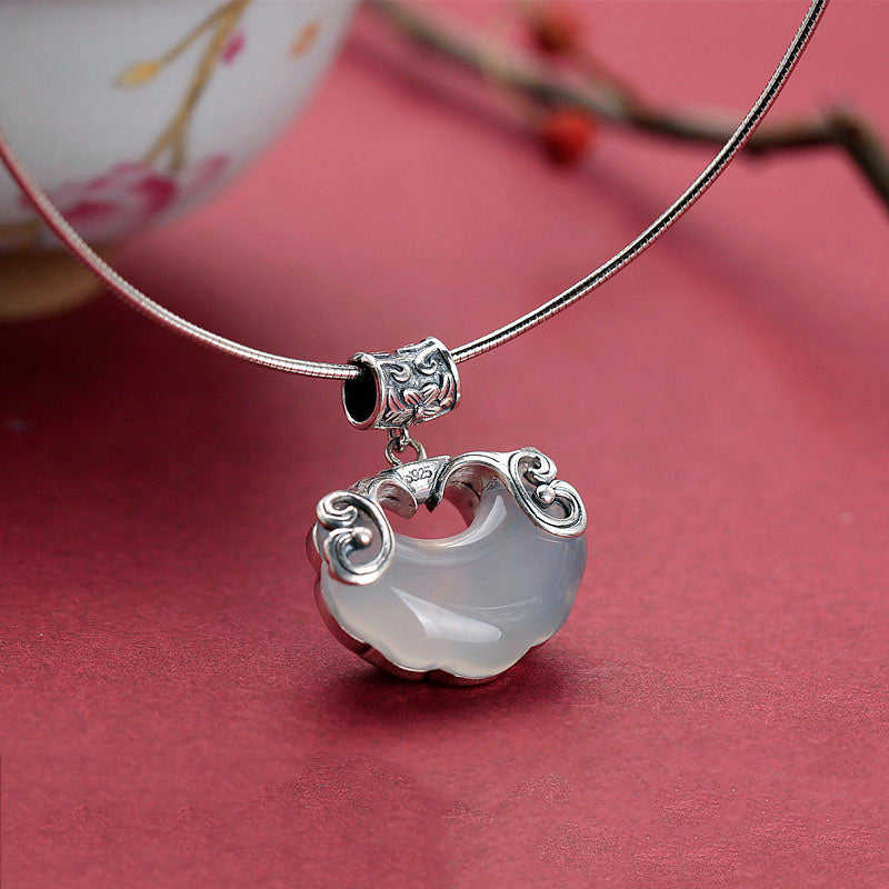 Silver Jade Longeval Lock Beads Pendant Necklace